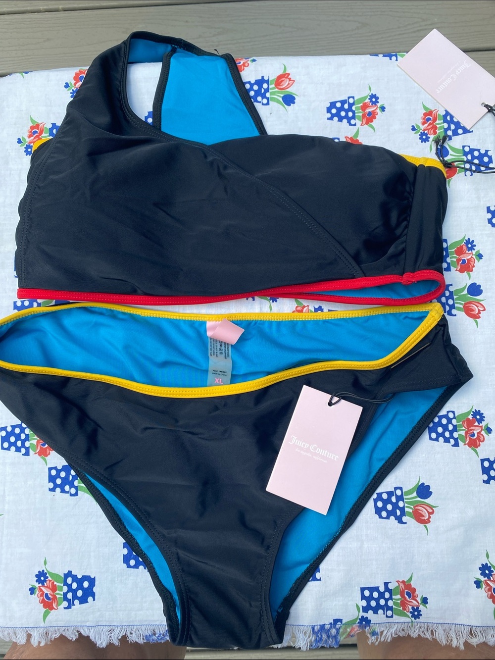 NWT Juicy Couture Black Bikini with Blue Lining and Yellow & Red Trim
